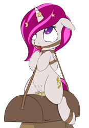 Size: 2438x3508 | Tagged: explicit, artist:salemcat, oc, oc:zew, ankle cuffs, ballgag, bdsm, bondage, bondage furniture, clitoris, collar, crotchboobs, cuffs, female, filly, floppy ears, foal, foalcon, gag, high res, horn, horn ring, imported from derpibooru, magic suppression, nipples, nudity, oc only, pony, ring, sex toy, simple background, solo, solo female, straddling, straps, sybian, teats, transparent background, unicorn, vibrator, vulva