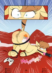 Size: 1731x2418 | Tagged: explicit, artist:amaichix, oc, oc:cream heart, comic:smash the mare, age difference, anatomically correct, anus, ass up, ballgag, bdsm, blushing, bondage, butt, colt, colt on mare, comic, controller, creambutt, dock, earth pony, earth pony oc, exposed, face down ass up, female, femsub, foal, foalcon, frog (hoof), gag, implied button mash, imported from derpibooru, mare, milf, moaning, muffled moaning, nudity, oc only, playstation, playstation move, plot, ponut, pony, pony on pony action, solo, solo female, straight shota, submissive, surprised, tied, underhoof, vulva, xbox 360 controller, xbox controller