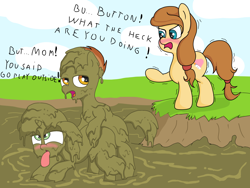 Size: 2000x1500 | Tagged: explicit, artist:amateur-draw, button mash, sweetie belle, oc, oc:cream heart, blushing, covered in mud, earth pony, female, filly, foal, foalcon, from behind, g4, imported from derpibooru, male, mare, messy, milf, mud, mud bath, muddy, penetration, pony, sex, ship:sweetiemash, shipping, simple background, straight, tongue out, unicorn, vaginal, wet and messy