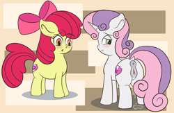 Size: 2300x1500 | Tagged: explicit, artist:vanifl, apple bloom, sweetie belle, anus, blushing, bow, clitoris, cutie mark, dock, earth pony, embarrassed, estrus, female, filly, foal, foalcon, g4, hair bow, horn, imported from derpibooru, nudity, ponut, pony, unicorn, vagina, vaginal secretions, vulva