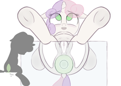 Size: 4960x3508 | Tagged: explicit, artist:salemcat, sweetie belle, against glass, anal insertion, ass against glass, blushing, buttplug, crotchboobs, dildo, dildo sitting, dock, female, foalcon, frog (hoof), g4, glass, imported from derpibooru, insertion, nipples, nudity, open mouth, pony, sex toy, simple background, sitting on glass, solo, solo female, teats, underhoof, unicorn, vulva, white background