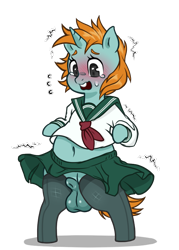 Size: 633x883 | Tagged: explicit, artist:cold-blooded-twilight, editor:deserter, arm hooves, balls, bipedal, blushing, blushing profusely, chubby, clothes, colt, commando, crossdressing, didn't think this through, edit, eyelashes, foal, foalcon, g4, imported from derpibooru, legwear, looking down, male, nudity, open mouth, sailor uniform, semi-anthro, sheath, sheathed, shivering, simple background, skindentation, skirt, snips, socks, solo, solo male, stockings, sweat, sweatdrop, teary eyes, thigh highs, transparent background, trap, unicorn, uniform, upskirt, wind, worried