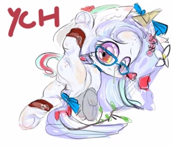 Size: 1251x1080 | Tagged: explicit, artist:darkstylerz, oc, oc:milhrena von krugens fldavnucl of smrt nemůže být poražena pouze odložena, advertisement, artificial horn, bow, chubby, clothes, commission, contortionist, cute, female, filly, flexible, flower, foal, foalcon, food, frog (hoof), glasses, heterochromia, hooves, ice cream, imported from derpibooru, nudity, oc only, ribbon, rowan, snot, socks, twig, underhoof, your character here