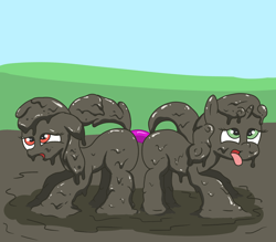 Size: 1600x1400 | Tagged: explicit, artist:amateur-draw, apple bloom, sweetie belle, bedroom eyes, covered in mud, dildo, doubleheaded dildo, earth pony, female, filly, foal, foalcon, g4, imported from derpibooru, insertion, lesbian, mare, messy, mud, mud bath, muddy, pony, sex toy, ship:sweetiebloom, shipping, tongue out, unicorn, wet and messy