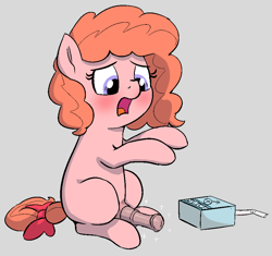 Size: 910x857 | Tagged: explicit, artist:heretichesh, oc, oc:peachy keen, blushing, bow, embarrassed, filly, foal, foalcon, futa, futa oc, futa potion, imported from derpibooru, intersex, juice, juice box, nudity, penis, pony, sitting, solo, solo futa, tail bow, transformation
