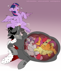 Size: 2480x2915 | Tagged: explicit, artist:amaichix, apple bloom, scootaloo, sweetie belle, twilight sparkle, age difference, ahegao, alicorn, anus, belly, big belly, bloomprey, blushing, butt, clitoris, cunnilingus, cutie mark crusaders, dock, earth pony, endosoma, female, filly, filly prey, foal, foalcon, frog (hoof), g4, high res, imported from derpibooru, king sombra, male, mare, multiple prey, nudity, one eye closed, open mouth, oral, orgasm, pegasus, plot, ponut, pony, preybloom, scootaprey, sex, simple background, sompred, spread anus, spread wings, squirting, stallion, stallion on filly, straight, sweetieprey, tongue out, underhoof, unicorn, vagina, vaginal orgasm, vaginal secretions, vore, vulva, wings, x-ray