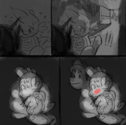 Size: 2826x2795 | Tagged: explicit, spike, artist needed, blushing, caught, comic, degeneracy, dragon, embarrassed, floating heart, foalcon, g4, gay, heart, high res, implied blowjob, implied oral, implied sex, imported from derpibooru, joke, looking back, male, monochrome, partial color, sex, shipping, shrunken pupils, sludge (g4), source needed