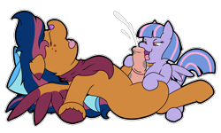 Size: 2500x1500 | Tagged: explicit, artist:shenhibiki, oc, oc:solar comet, band-aid, band-aid on nose, bandana, bow, cum, disguise, disguised changedling, eyelashes, female, filly, filly on stallion, foal, foalcon, g4, hair bow, imported from derpibooru, licking, licking cock, lying down, male, nudity, on back, open mouth, oral, pegasus, penis, pony, pony on pony action, sex, simple background, spread legs, spread wings, spreading, stallion, tail bow, tongue out, transparent background, wind sprint, wings