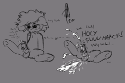 Size: 1800x1200 | Tagged: explicit, artist:hopefulsparks, oc, oc:finish line (hopefulsparks), announcing ejaculation, balls, colt, cum, cumming, dialogue, earth pony, explosive orgasm, foal, foalcon, grayscale, imported from derpibooru, male, monochrome, nudity, oc only, orgasm, penis, pent up, pony, raised leg, sex toy, sketch, solo, solo male, spreading, twitching penis, vibrator, vulgar, young