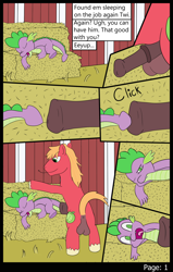 Size: 1338x2100 | Tagged: explicit, artist:lionsault, spike, twilight sparkle, anus, balls, barn, big macintosh, cock vore, comic, dragon, earth pony, fetish, foalcon, g4, gay, hay, hay bale, imported from derpibooru, male, nudity, part of a set, penis, pony, sleeping, spikeprey, stallion, text, unwilling prey, vore