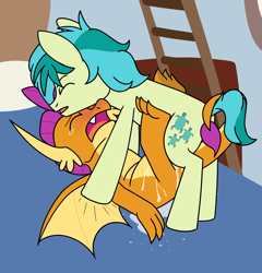 Size: 3539x3691 | Tagged: explicit, artist:aaron amethyst, ambiguous penetration, bed, blushing, colored, cum, dragon, duo, earth pony, female, flat colors, foalcon, g4, high res, imported from derpibooru, interspecies, ladder, male, obscured penetration, pony, sandbar, sex, ship:smolbar, shipping, smolder, straight