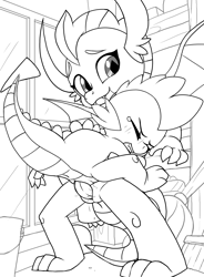 Size: 2642x3590 | Tagged: explicit, artist:tricksta, spike, anus, black and white, dragon, eyes closed, female, foalcon, g4, grayscale, high res, hug, imported from derpibooru, lineart, male, monochrome, nudity, penetration, sex, ship:spolder, shipping, size difference, smolder, straight, suspended congress, vaginal