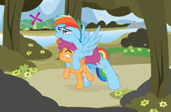 Size: 6099x4000 | Tagged: explicit, artist:gollygosh, rainbow dash, scootaloo, spike, twilight sparkle, age difference, ahegao, alternate version, big dom small sub, bridge, creampie, cum, cumming, derpibooru exclusive, duo, female, filly, floppy ears, foal, foalcon, forest, from behind, g4, half r63 shipping, hands free, imported from derpibooru, looking at you, male, mounting, open mouth, orgasm, outdoor sex, outdoors, pegasus, penetration, pony, rainbow blitz, rule 63, sex, ship:scootablitz, ship:scootadash, shipping, show accurate, show accurate porn, simultaneous orgasm, spread wings, stallion, stallion on filly, straight, tongue out, vaginal, vaginal creampie, vaginal orgasm, vector, windmill, wings