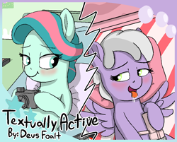 Size: 940x756 | Tagged: questionable, artist:heretichesh, bed, blanket, blushing, bubblegum star, camera, clothes, drool, duo, female, filly, foal, foalcon, g4, heat, imported from derpibooru, lesbian, pillow, poster, ship:bubblepop, spread wings, sweet pop, text, underwear, vhs, video camera, wet, wingboner, wings