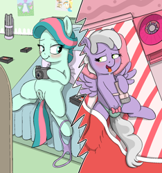 Size: 1368x1459 | Tagged: explicit, artist:heretichesh, bed, blanket, blushing, bow, bubblegum star, camera, clothes, drool, duo, earth pony, estrus, female, filly, foal, foalcon, g4, imported from derpibooru, lamp, lesbian, masturbation, nudity, panties, panties around leg, panty bow, pegasus, pillow, pony, poster, ship:bubblepop, spread wings, sweet pop, text, underwear, vaginal secretions, vhs, video camera, vulva, wet, wingboner, wings