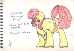 Size: 3522x2427 | Tagged: explicit, artist:johrnyreport, apple bloom, anatomically correct, bedroom eyes, clitoris, crotchboobs, dialogue, dock, earth pony, estrus, female, foalcon, g4, heart eyes, high res, imminent sex, implied big macintosh, implied impregnation, implied incest, implied macbloom, implied sex, implied shipping, implied straight, imported from derpibooru, nipples, no cutie marks yet, nudity, open mouth, pony, solo, solo female, teats, tongue out, traditional art, vulva, vulvar winking, wingding eyes