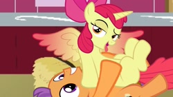 Size: 1920x1080 | Tagged: explicit, artist:angrymetal, apple bloom, alicorn, alicornified, bedroom eyes, bloomicorn, colt, earth pony, female, filly, filly on colt, foal, foalcon, g4, imported from derpibooru, legs in air, looking at you, male, nudity, penis, pony, race swap, reverse cowgirl, sex, ship:tenderbloom, shipping, straight, tender taps, tongue out