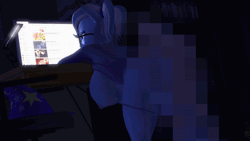 Size: 600x338 | Tagged: explicit, artist:indigosfmworks, 3d, alternate hairstyle, animated, anthro, bedroom eyes, bent over, big breasts, bouncing, bouncing breasts, breasts, busty trixie, censored, clothed sex, clothes, computer screen, doggy style, extensively censored, female, foalcon, from behind, g4, gif, glasses, hanging breasts, hat, imported from derpibooru, male, mosaic censor, nipples, nudity, panties, panties around legs, panties pulled down, penetration, scrolling, sex, size difference, source filmmaker, straight, trixie, trixie's hat, underwear, vaginal