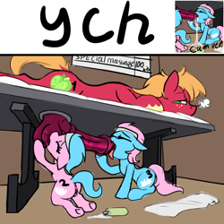 Size: 4000x4000 | Tagged: explicit, artist:cornelia_nelson, age regression, aloe, ball licking, balls, big balls, big dickentosh, big macintosh, blowjob, bottle, cock worship, commission, cum, cum in mouth, earth pony, female, foalcon, g4, horsecock, imported from derpibooru, licking, licking cock, lotion, lotus blossom, male, milking table, nudity, oral, penis, pony, reverse foalcon, sex, shipping, spa, straight, tongue out, under the table, vulva, ych sketch, your character here