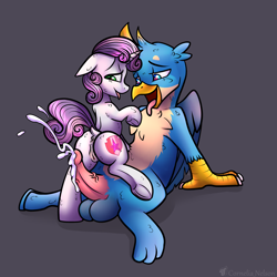 Size: 3000x3000 | Tagged: explicit, artist:cornelia_nelson, sweetie belle, alternate version, anus, balls, cum, cum version, cumming, cute, duo, female, foalcon, g4, gallus, gray background, griffon, high res, horn, imported from derpibooru, looking back, male, nudity, pony, presenting, ship:gallbelle, shipping, simple background, source needed, straight, tongue out, unicorn, useless source url, vulva