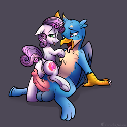 Size: 3000x3000 | Tagged: explicit, artist:cornelia_nelson, sweetie belle, anus, balls, cute, cutie mark, duo, female, foalcon, g4, gallus, gray background, griffon, high res, horn, imported from derpibooru, looking back, male, nudity, penis, pony, presenting, sexy, ship:gallbelle, shipping, simple background, straight, tongue out, unicorn, vein, veiny cock, vulva