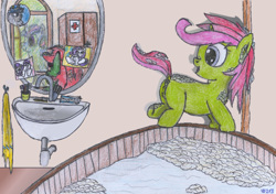 Size: 2366x1663 | Tagged: explicit, artist:vovi, rarity, twilight sparkle, oc, oc:plum virgin sentry, oc:void virgin sparkles, alicorn, anatomically correct, anus, bath, bathroom, brother and sister, bubble, colt, dock, female, filly, foal, foalcon, g4, happy, imported from derpibooru, male, mirror, nudity, ponut, pony, siblings, sink, traditional art, unicorn, vagina, vulva