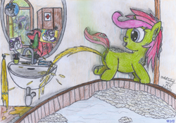 Size: 2366x1663 | Tagged: explicit, artist:vovi, rarity, twilight sparkle, oc, oc:plum virgin sentry, oc:void virgin sparkles, alicorn, anatomically correct, anus, bath, bathroom, brother and sister, bubble, colt, dirty, dirty anus, dock, female, fetish, filly, foal, foalcon, g4, happy, imported from derpibooru, male, mirror, nudity, pissing, ponut, pony, siblings, sink, smelly, traditional art, unicorn, urine, vagina, vulva, watersports