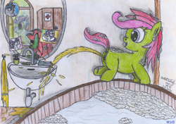 Size: 2366x1663 | Tagged: explicit, artist:vovi, rarity, twilight sparkle, oc, oc:plum virgin sentry, oc:void virgin sparkles, alicorn, anatomically correct, anus, bath, bathroom, brother and sister, bubble, colt, female, fetish, filly, foal, foalcon, g4, happy, imported from derpibooru, male, mirror, nudity, pissing, ponut, pony, siblings, sink, traditional art, unicorn, urine, vagina, vulva, watersports