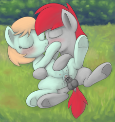Size: 1700x1800 | Tagged: explicit, artist:unsavorydom, balls, blushing, butt, clitoris, colt, colt on filly, creampie, crotchboobs, cum, cumming, dock, earth pony, female, filly, foal, foalcon, g4, grass, imported from derpibooru, kiss on the lips, kissing, male, nipples, nudity, outdoor sex, outdoors, peach fuzz, penetration, penis, plot, pony, sex, ship:peachtrain, straight, tail, teats, train tracks (g4), underhoof, vaginal, vaginal secretions, vulva, vulvar winking