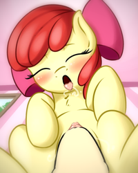 Size: 799x1000 | Tagged: explicit, artist:fearingfun, editor:undeadponysoldier, apple bloom, adorabloom, blushing, bow, cute, earth pony, edit, female, foal, foalcon, g4, genitals, human, human edit, human on pony action, imported from derpibooru, interspecies, male, nudity, offscreen character, penetration, penis, pony, pov, recolor, sex, straight, tongue out, vaginal, vulva