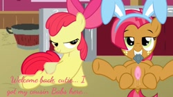 Size: 1920x1080 | Tagged: explicit, artist:sasukex125, editor:angrymetal, apple bloom, babs seed, anus, bedroom eyes, bow, condom, condom in mouth, earth pony, edit, female, filly, foal, foalcon, g4, hair bow, human vulva on pony, imported from derpibooru, mouth hold, nudity, pony, seductive pose, show accurate, show accurate porn, text, vagina, vulva