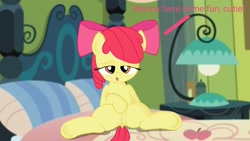 Size: 1920x1080 | Tagged: explicit, artist:an-tonio, artist:lord waite, editor:angrymetal, apple bloom, bedroom eyes, bow, earth pony, edit, female, foalcon, g4, hair bow, implied sex, imported from derpibooru, nudity, pony, solo, solo female, text, tongue out, vulva