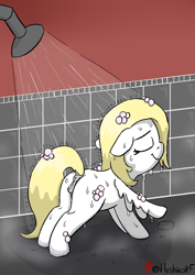 Size: 656x927 | Tagged: explicit, artist:heretichesh, oc, oc:luftkrieg, anus, blank flank, bubble, butt, dock, female, filly, foal, foalcon, imported from derpibooru, nudity, oc only, pegasus, plot, pony, shower, solo, solo female, steam, stretching, suds, vulva, wet, wet mane