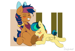 Size: 921x630 | Tagged: explicit, artist:itwasscatters, oc, oc:apogee, oc:solar comet, bandana, blowjob, blushing, bow, cum, cumming, disguise, disguised changeling, eyelashes, eyes closed, foalcon, gritted teeth, imported from derpibooru, oral, pegasus, pony, sex, spread legs, spreading, teeth