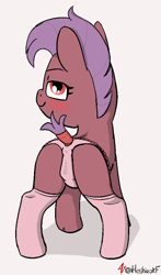 Size: 545x925 | Tagged: questionable, artist:heretichesh, oc, oc:dusty hoof, blushing, cameltoe, clothes, earth pony, female, filly, foal, foalcon, imported from derpibooru, panties, pony, presenting, socks, solo, solo female, tail wrap, underwear