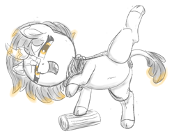 Size: 814x635 | Tagged: explicit, artist:heretichesh, oc, oc:firewood, belly, female, filly, foal, foalcon, glowing, glowing eyes, glowing horn, horn, imported from derpibooru, kirin, log, nudity, presenting, sketch, solo, solo female, vulva