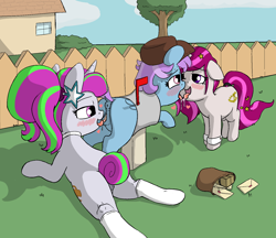 Size: 1596x1376 | Tagged: explicit, artist:heretichesh, oc, oc:paperclip, oc:zew, oc:zippi, age difference, anus, blank flank, bondage, butt, choker, clothes, collar, cuffs (clothes), cunnilingus, dock, drool, female, filly, filly on filly, foal, foalcon, french kiss, group sex, hairband, hat, imported from derpibooru, kissing, lesbian, mail, mailbox, mailmare, mare, mare on filly, nudity, oral, outdoor sex, outdoors, package, pegasus, plot, ponut, pony, public, sex, sloppy kissing, socks, stuck, tail band, unicorn, vulva, wand