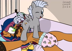 Size: 3508x2480 | Tagged: grotesque, questionable, artist:sound_chaser_15, oc, oc:solar comet, age difference, bed, bird, bondage, chipcutter, colt, colt on stallion, diaper, diarrhea, disguise, disguised changeling, duck, eyelashes, fetish, foal, foalcon, g4, gag, gay, high res, imported from derpibooru, male, non-baby in diaper, one eye closed, open mouth, pegasus, pony, poop, poop eating, pooping, pooping in mouth, ring gag, scat, small dom big sub, stallion, tied up, wink