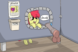 Size: 1534x1033 | Tagged: explicit, artist:heretichesh, apple bloom, anus, awkward, cutie mark, dialogue, disembodied penis, dock, earth pony, female, filly, foal, foalcon, g4, glory hole, imported from derpibooru, male, nudity, penis, photo, pony, stallion, sweatdrop, text, the cmc's cutie marks, tip jar, vulva