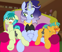 Size: 3494x2900 | Tagged: explicit, artist:succubi samus, oc, oc:flux moon-mist, ahegao, anus, ass, bedroom eyes, blushing, blushing profusely, butt, canon x oc, colt, couch, cougar, crotchboobs, earth pony, female, foal, foalcon, freckles, g4, glowing, glowing horn, high res, horn, horsecock, implied orgasm, implied orgasm control, imported from derpibooru, magic, magical stimulation, male, nipples, nudity, open mouth, penis, ponut, pony, raised tail, rear view, sandbar, sandbutt, show accurate, show accurate porn, small penis, smiling, snailbutt, snails, tail, tongue out, unicorn, vulva