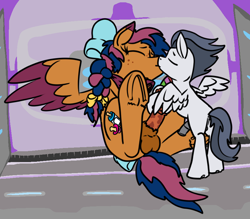 Size: 855x750 | Tagged: explicit, artist:thebathwaterhero, oc, oc:solar comet, age difference, bow, canon x oc, colt, colt on stallion, disguise, disguised changeling, duo, eyelashes, eyes closed, foal, foalcon, g4, gay, hoofjob, imported from derpibooru, kiss on the lips, kissing, male, pegasus, pony, rumble, size difference, small dom big sub, spread wings, stallion, tail bow, wings