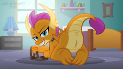 Size: 8000x4500 | Tagged: explicit, artist:metalhead97, anus, ass, bedroom, bedroom eyes, butt, clitoral hood, clitoris, collar, dragon, dragoness, female, foalcon, g4, grin, imminent sex, imported from derpibooru, indoors, leash, looking at you, looking back, nudity, pet play, presenting, show accurate, show accurate porn, showing off, smiling, smolder, smolderriere, solo, solo female, this will end in snu snu, vaginal secretions, vulva