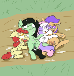 Size: 1000x1026 | Tagged: explicit, artist:happy harvey, apple bloom, scootaloo, sweetie belle, oc, oc:filly anon, aftersex, ahegao, anal creampie, anus, bedroom eyes, blank flank, broken rape victim, bukkake, butt, creampie, crotchboobs, cuddling, cum, cum on body, cum on crotchboobs, cum on hair, cutie mark crusaders, dirt, dirty, drool, earth pony, eyes closed, facial, female, filly, floppy ears, foal, foalcon, g4, grass, heart eyes, implied sex, imported from derpibooru, leaking, leaking cum, messy mane, mind break, nipples, nudity, open mouth, pegasus, phone drawing, plot, pony, smiling, thousand yard stare, tongue out, unicorn, vagina, vulva, wingding eyes