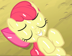 Size: 1057x824 | Tagged: explicit, apple bloom, 1000 hours in ms paint, cropped, cum, cum on body, earth pony, edit, edited screencap, female, foalcon, g4, implied sex, imported from derpibooru, lying on the ground, my little pony: friendship is magic, pony, screencap, smiling, solo, solo female, somepony to watch over me