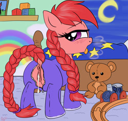 Size: 4200x4000 | Tagged: explicit, artist:littlenaughtypony, oc, oc:lilly pad, aftersex, ahegao, alternate version, anatomically correct, anus, bed, braid, braided tail, clothes, creampie, cum, cum version, female, filly, foal, foalcon, footed sleeper, genitals, imported from derpibooru, looking back, nudity, oc only, open mouth, pajamas, panting, pony, solo, solo female, teddy bear, tongue out, vaginal creampie, vulva