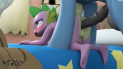 Size: 800x450 | Tagged: explicit, artist:mt800, spike, 3d, balls, bed, bedroom eyes, blushing, dragon, femboy, femboy spike, foalcon, g4, gay, horsecock, imported from derpibooru, makeup, male, nudity, penetration, penis, pokey pierce, pony, sex, source filmmaker, stallion, tail, unicorn