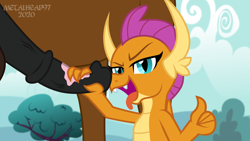 Size: 8000x4500 | Tagged: explicit, artist:metalhead97, balls, bedroom eyes, bestiality, confident, dragon, dragoness, dragoness on stallion, female, foalcon, g4, handjob, horse, horsecock, imported from derpibooru, interspecies, looking at you, male, medial ring, mottled genitals, nudity, penis, precum, show accurate, show accurate porn, size difference, smolder, straight, thumbs up, tongue out