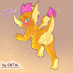Size: 1200x1200 | Tagged: explicit, artist:cold-blooded-twilight, blushing, butt, cloaca, cute, dialogue, dragon, dragoness, embarrassed, embarrassed nude exposure, fangs, female, flying, foalcon, g4, genital slit, genitals, imported from derpibooru, leaking, looking at you, looking back, nudity, open mouth, raised tail, simple background, smolder, smolderbetes, smolderriere, solo, solo female, sparkles, sparks, speech bubble, spread wings, tail, underfoot, vaginal secretions, vulva, weird lizzer hole, wide hips, wings