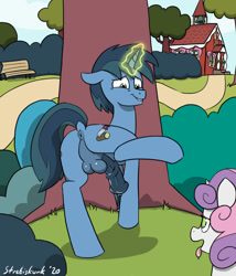 Size: 858x1002 | Tagged: explicit, artist:strebiskunk, sweetie belle, oc, oc:log jam, anus, balls, canon x oc, dubious consent, female, filly, foal, foalcon, g4, glowing horn, horn, hypnosis, imminent sex, imported from derpibooru, lip bite, nudity, penis, precum, presenting penis, raised leg, school, taint, tongue out, tree