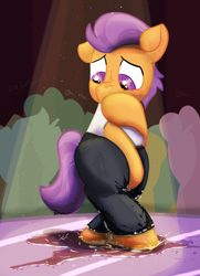 Size: 1563x2160 | Tagged: questionable, artist:not_texmex, accident, blushing, colt, derpibooru exclusive, embarrassed, fetish, foal, foalcon, g4, imported from derpibooru, male, peeing in pants, pissing, pony, potty failure, silhouette, spotlight, stage, tender taps, text, urine, urine soaked cloth, watersports, wetting